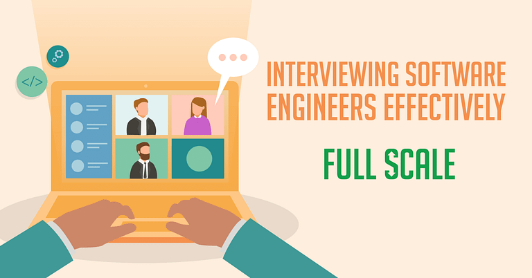 An illustrated image depicting "4 Tips for Interviewing Software Engineers," with a focus on conducting the interview effectively, as viewed on a laptop screen.