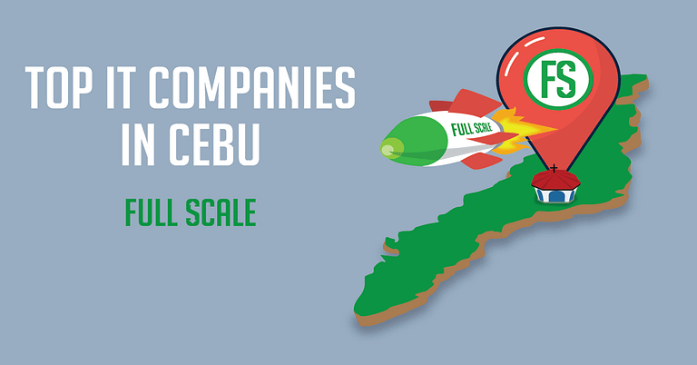 Graphic illustration highlighting Full Scale as one of the top IT companies in Cebu, featuring a stylized map of Cebu with a pin and the Full Scale logo on it, accompanied.