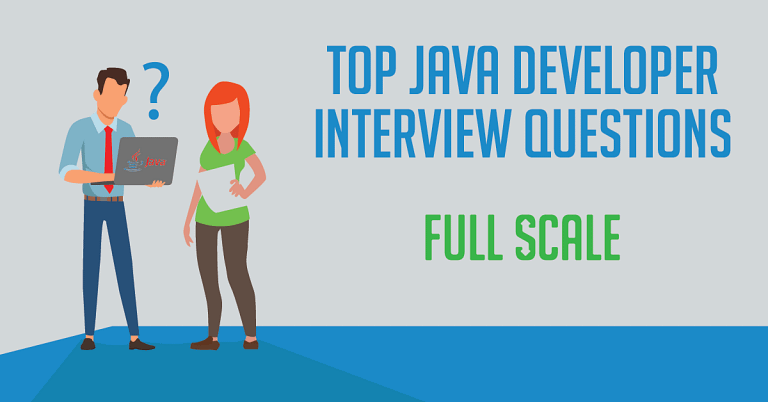 Two illustrated characters, one holding a laptop, are standing beside the text "Top Java developer interview questions full scale.