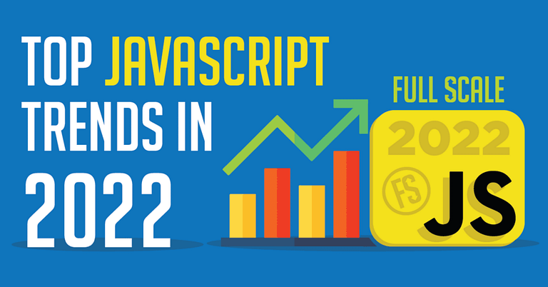 Graphic highlighting the top JavaScript Trends in 2022 with an upward trending graph, the year 2022, and JavaScript logos.