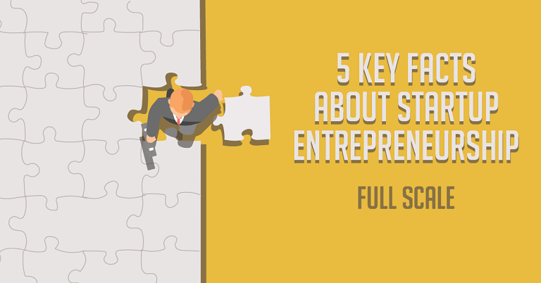 An illustration of a person in formal attire holding a puzzle piece, with the text "5 key facts about startup entrepreneurship" next to a partially completed puzzle, suggesting a metaphor about assembling the necessary elements for