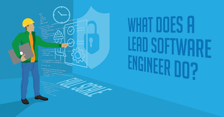 An infographic-style image depicting a person wearing a hard hat and holding a laptop, standing next to the text "What Does A Lead Software Engineer Do?" with various software development and project management icons in the