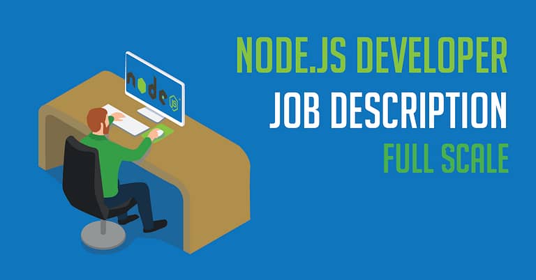 An isometric graphic depicting a person at a desk with a computer displaying "node.js", accompanied by the text "node.js developer job description".