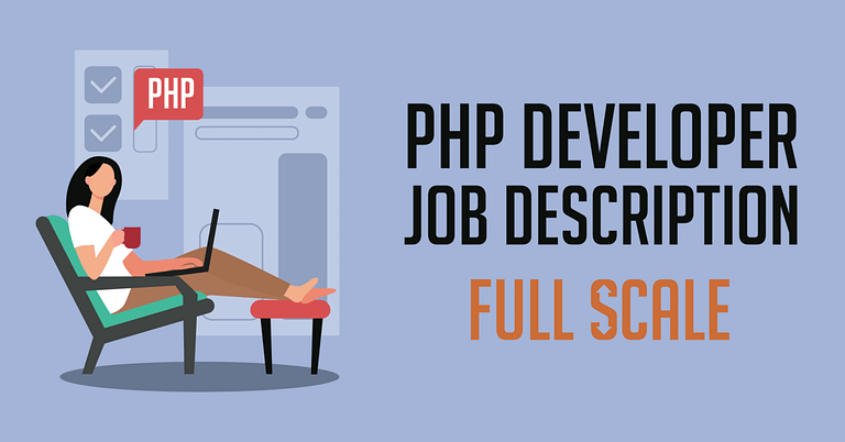 A graphic representing a job description for a PHP Developer at full scale, featuring an illustration of a woman sitting with a laptop and a coffee mug.