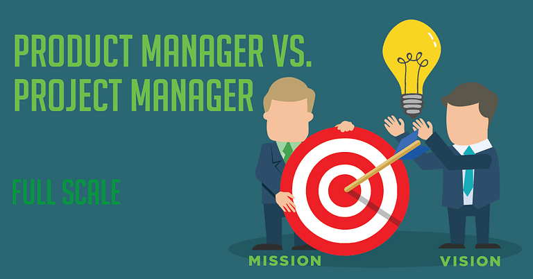 An illustration comparing a Product Manager and a project manager, with icons representing vision, a light bulb for ideas, and a target for mission.