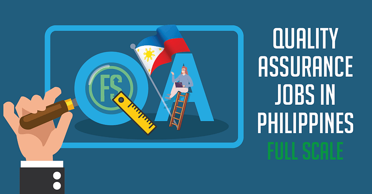 A graphic promoting Quality Assurance jobs in the Philippines, featuring an illustration of a magnifying glass over a computer screen with coding elements, a character with a hard hat, and the Philippine flag.