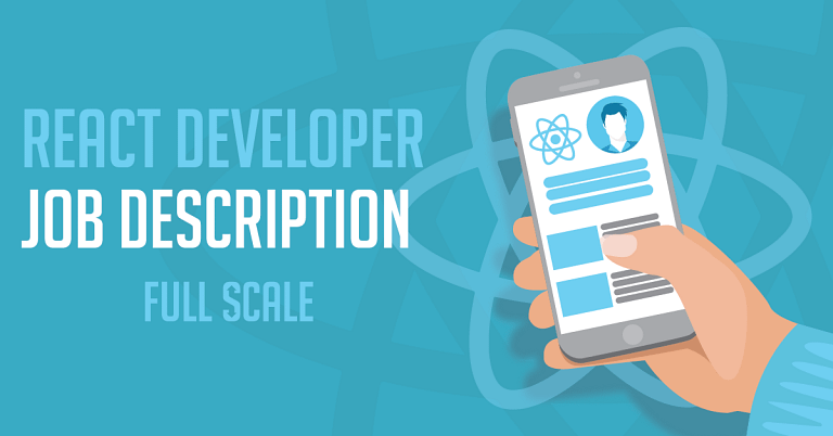 An illustration showcasing a smartphone with the words "react developer job description" appearing on-screen, indicating an advertisement or information page for a job opening for react developers.