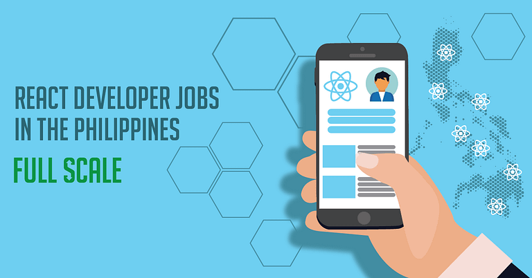 A graphic promoting React Developer Jobs in the Philippines with full scale, featuring an illustration of a hand holding a smartphone displaying a React logo and a professional profile.