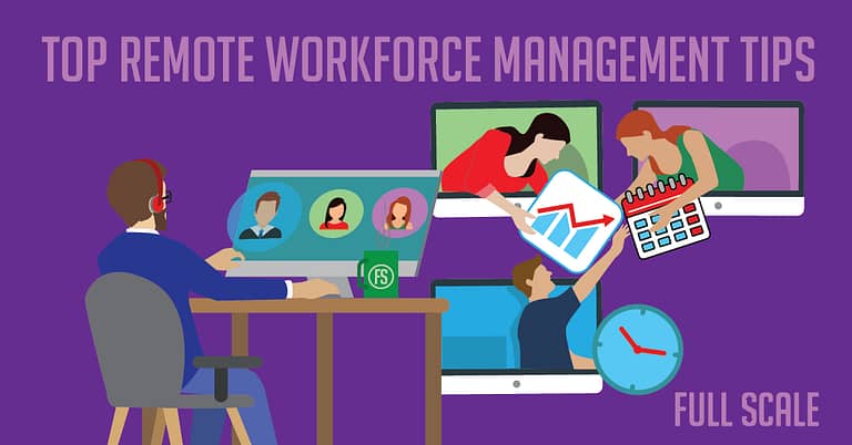 An illustrative banner depicting "top remote workforce management tips" with graphics of a manager at a desk, virtual meeting, time management, task prioritization, and budget aspects in the context of remote workforce