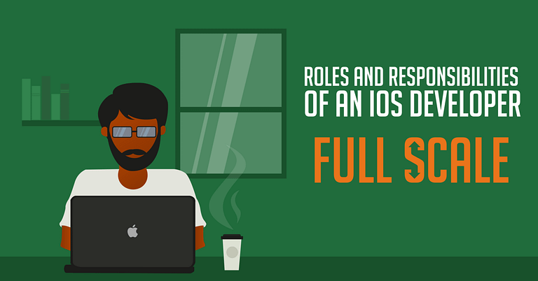 A graphic representation of an iOS Developer at work, with text highlighting the Roles and Responsibilities of the position at full scale.