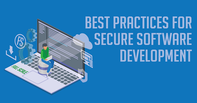 An isometric illustration showcasing a concept for secure software development practices, with a developer working on a laptop that displays security symbols and the text "best practices for secure software development.