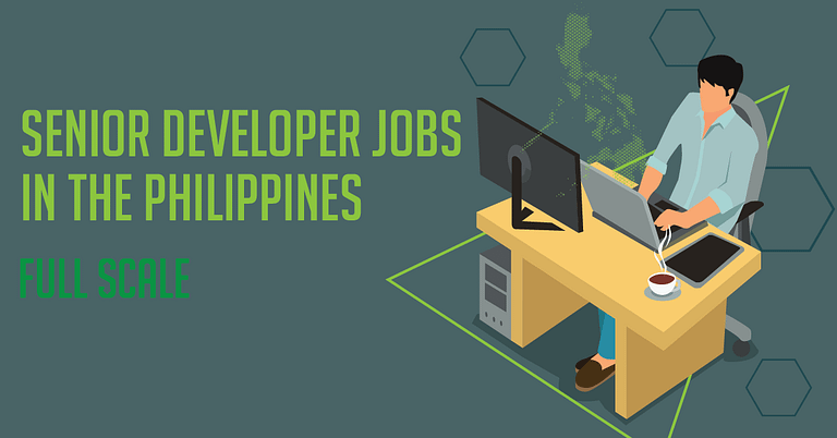 An illustration featuring an individual sitting at a desk with multiple monitors, highlighting top Senior Developer Jobs in the Philippines by full scale.