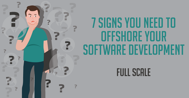 A graphic with a man holding a phone and a laptop, surrounded by question marks, next to the text "7 signs you need to offshore your software development - Offshore Software Development".