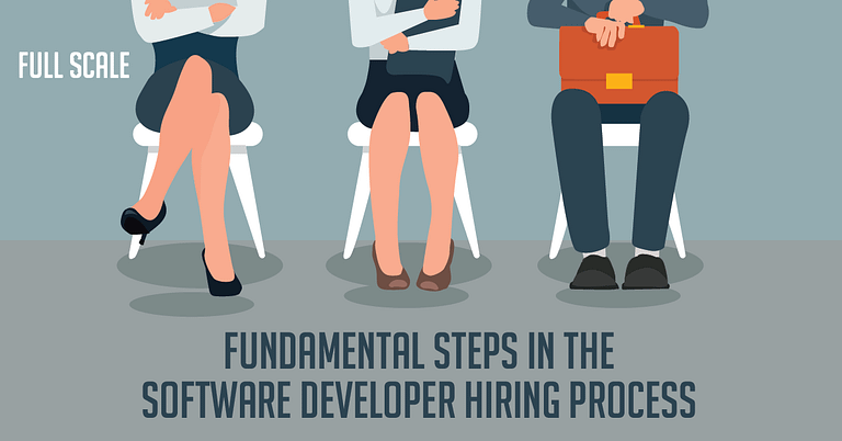Three individuals are seated in a waiting area, presumably candidates for a software developer position, as indicated by the caption "fundamental steps in the software developer hiring process.