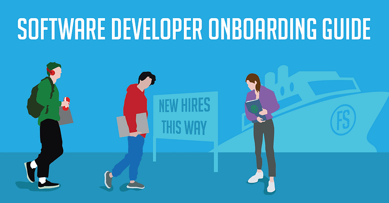 Three individuals depicted in a stylized manner are walking towards an onboarding area for new software developers, as indicated by a sign saying "new hires this way." The image is likely intended as developer on