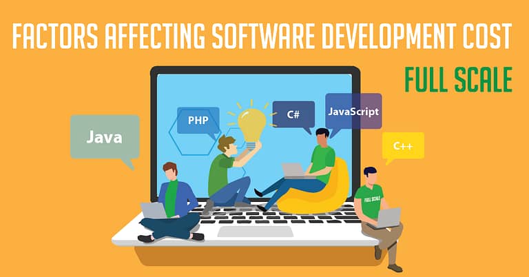 An infographic illustrating various factors that influence software development cost, including programming languages such as php, java, c#, javascript, and c++. It features cartoon representations of developers working on and around a large laptop