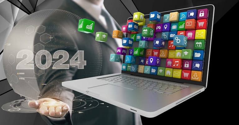 A person in a business suit with a laptop on hand, from which colorful application icons are flowing into the air, alongside a digital interface featuring the latest software development trends for the year 2024.