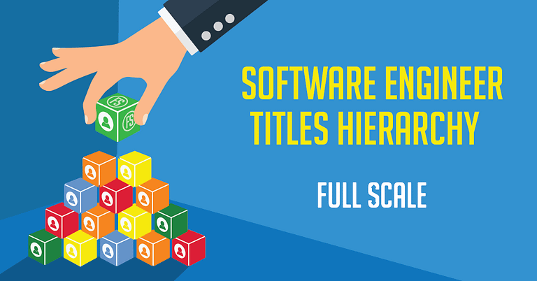 A graphic illustrating the hierarchy of Software Engineer Titles, represented by a hand placing blocks to complete a pyramid structure, with "full scale" branding.