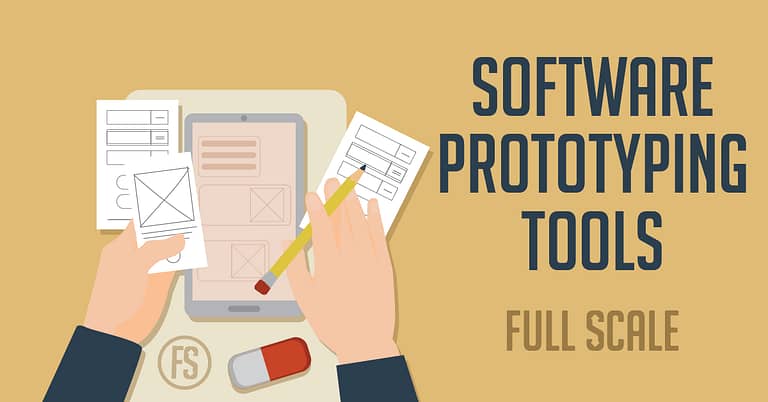 An illustration showcasing a person using software prototyping tools, with a focus on a digital tablet displaying wireframes and a hand holding a pencil, against a backdrop with text that reads "software prototyping tools