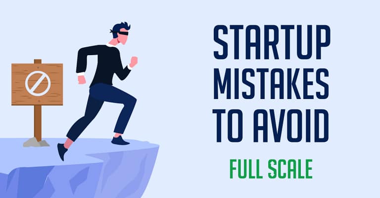 An illustration depicting a person running towards the edge of a cliff with a sign next to him that reads "startup mistakes to avoid in pitching to VC" indicating a metaphor for the potential pitfalls one may encounter