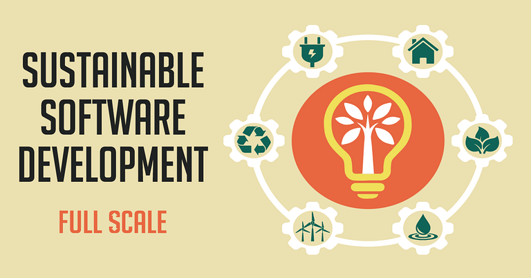 Graphic illustration promoting sustainable software, featuring an eco-friendly lightbulb symbol surrounded by icons representing renewable energy and environmental protection.
