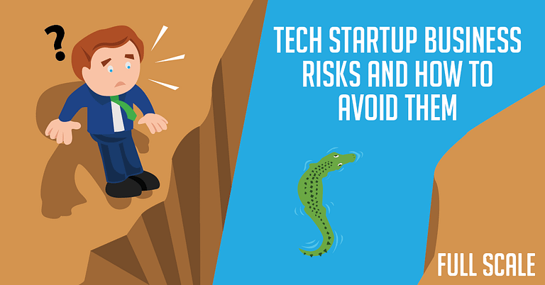 A businessman hesitates at the edge of a chasm, with a question mark above his head, opposite a leaping fish, over text related to tech startup business risks and avoidance strategies.