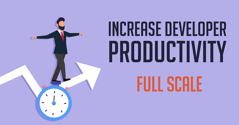 A graphic promoting increased developer productivity, featuring an illustrated figure balancing on a clock hand with a rising arrow and the tagline "Increase Developer Productivity".