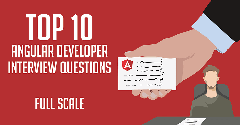 An illustration depicting a list of the top 10 Angular developer interview questions, presented by a hand to a candidate, with the Angular logo on the document.