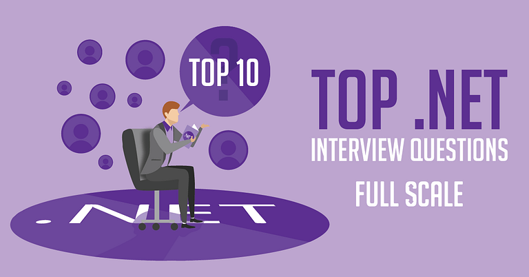 A figure sitting on an office chair interacts with floating graphic elements, showcasing "Top 10 .NET Interview Questions" against a purple background.