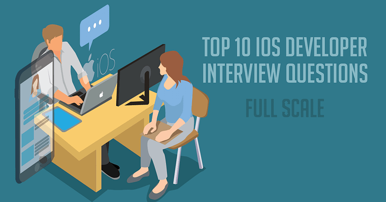 An isometric graphic representing an iOS Developer interview session, featuring two characters with a desktop computer, showcasing the title "Top 10 iOS Developer Interview Questions - Full Scale.