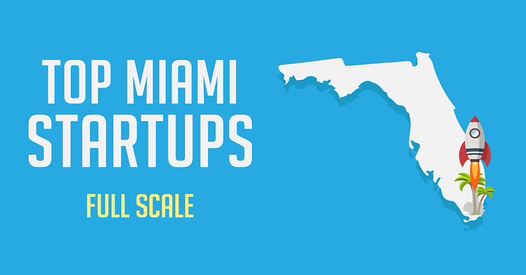 Graphic banner showcasing 'Miami Top Startups to Watch' with an illustrative design featuring the state of Florida and a rocket motif, symbolizing growth and innovation in Miami.