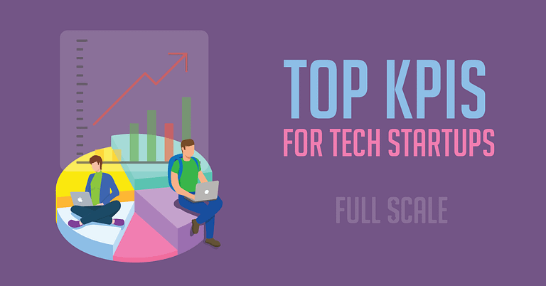 A graphic illustrating the concept of "kpis for tech startups" with two animated figures using laptops beside a bar graph, line chart, and pie chart representing data analytics.