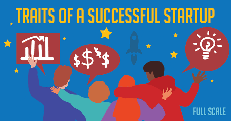 An illustrated graphic highlighting "traits of a successful startup," featuring silhouettes of four individuals engaging in a discussion with speech bubbles containing symbols of growth, money, a rocket, and a lightbulb