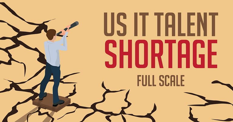 A graphic illustration highlighting the issue of 'US IT talent shortage' with a person standing on a platform using a telescope to search, set against a backdrop of cracked ground symbolizing the scarcity of resources.