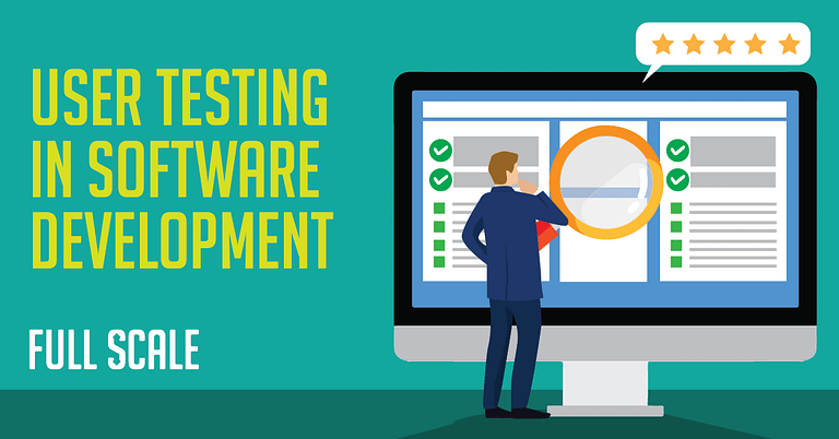 An illustration spotlighting the significance of user testing in software development, featuring a character examining a user interface on a large monitor with positive feedback indicators.