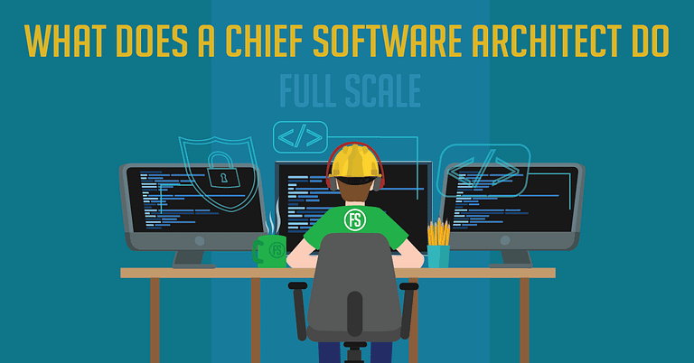 An illustration depicting a person wearing a hard hat and seated in front of multiple computer monitors with graphics suggesting software development, alongside text asking "What Does a Chief Software Architect Do?" and the logo "full
