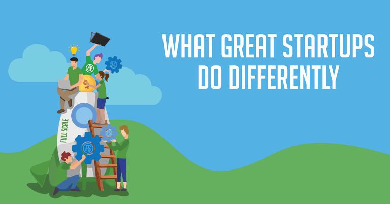 An illustrative banner depicting a group of animated characters engaged in various activities such as innovation, strategy, and investment, alongside the text "what successful startups do differently.