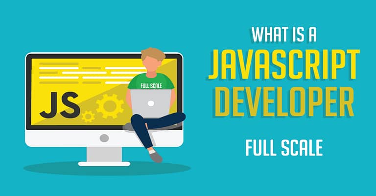 A graphic illustration showing a javascript developer sitting on a laptop placed on the ground next to a large monitor displaying the text "what is a javascript developer" and the javascript js logo with the words "full
