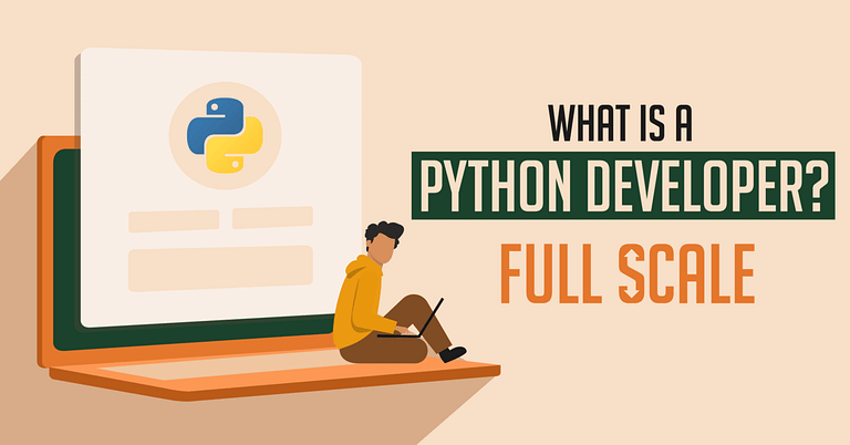 An illustrated depiction of a Python Developer sitting with a laptop beside a large book, with a screen displaying the python logo and text that asks, "What is a Python Developer? Full scale.