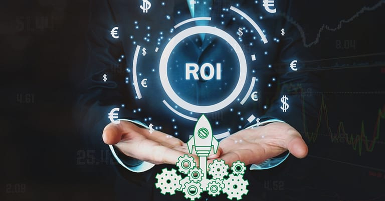 A person in a suit holding a graphic representation of a rocket symbolizing growth, surrounded by currency symbols and gears, with "roi" (return on investment) at the center against a backdrop of financial