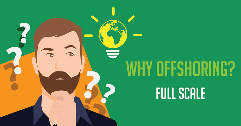 A man with a beard and a light bulb pondering why offshoring.