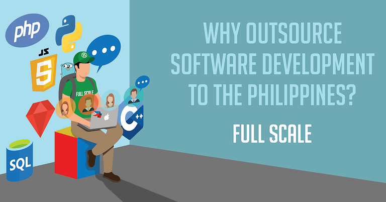 Graphic promoting the decision to outsource software development to the Philippines, featuring a figure surrounded by icons representing various programming languages and technologies.