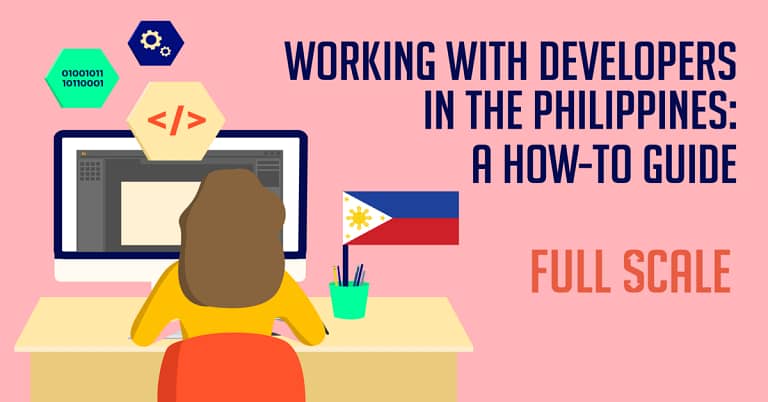 A woman is seated at a desk facing a computer screen, with the title "Collaborating with developers in the Philippines: A How-To Guide" displayed above, featuring the Philippine flag, coding symbols