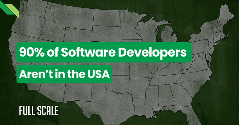 Map highlighting global tech talent, indicating that 90% of software developers are located outside the USA.