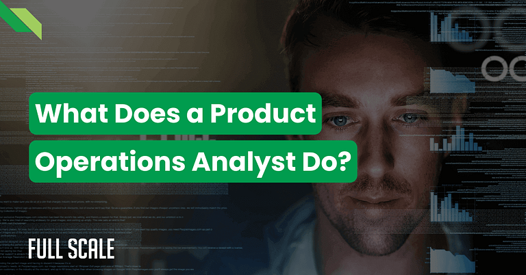 Promotional graphic with text "what does a product operations analyst do?" over an image of a man with digital graphics in the background, emphasizing the role of a product operations analyst.