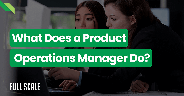Two women analyze data on a computer screen under the heading "what does a product operations manager do?"