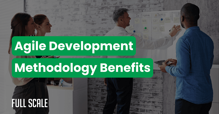 Four people stand in front of a whiteboard with sticky notes, discussing tasks and workflow, highlighting agile development ROI with the text "Agile Development Methodology Benefits" overlaid.