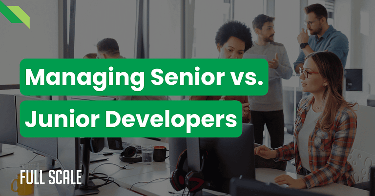 In an office scene, individuals are engaged in discussions at their computers. Text overlay reads "Managing Senior vs. Junior Developers: Embrace tech lead best practices for remote software development teams.