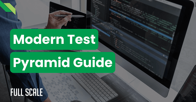 A person points at a computer screen displaying code, with the text overlay "Modern Test Pyramid Implementation Guide," offering insights into a robust test automation strategy.