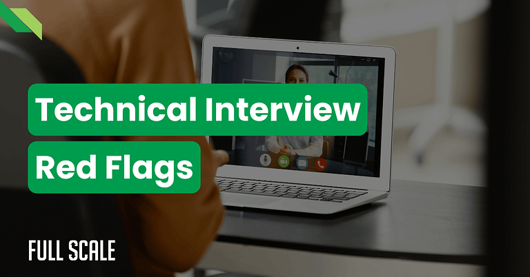 A person sits at a desk facing a laptop with a video call on screen; overlaid text reads "Technical Interview Red Flags—avoid common developer hiring mistakes.
